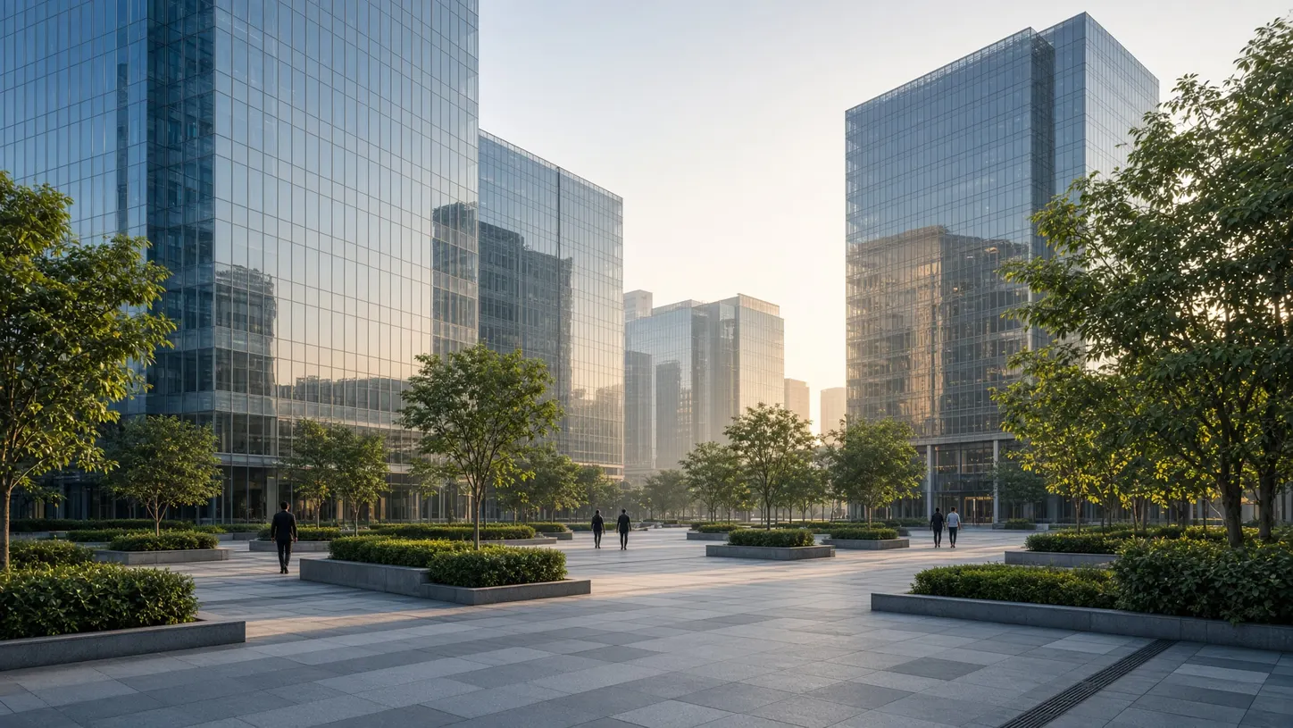 Glass office campuses around a landscaped plaza in Gurugram Cyber City