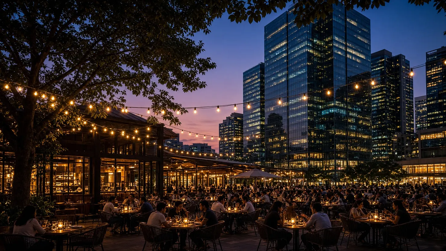 An outdoor restaurant plaza at dusk with glass office towers behind it in Gurugram