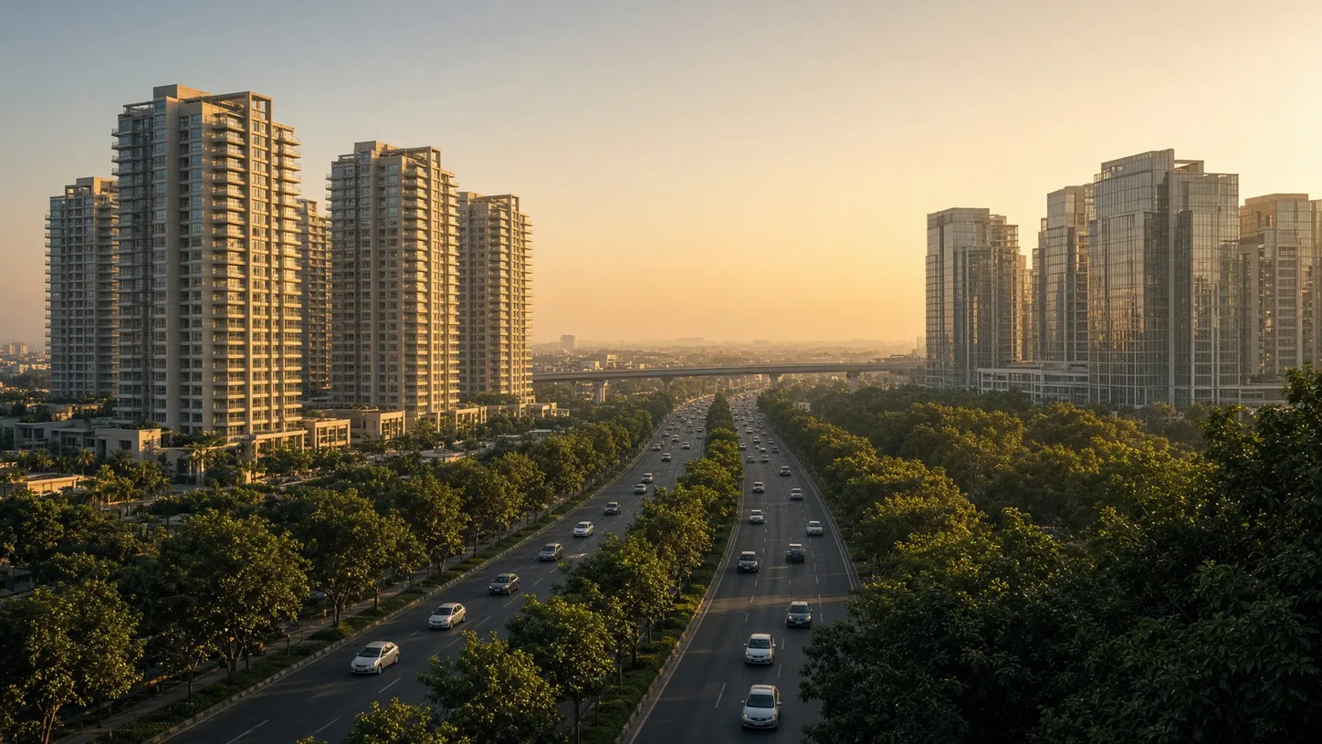 Golf Course Road in Gurugram, a landscaped corridor of high-rises in late-afternoon light