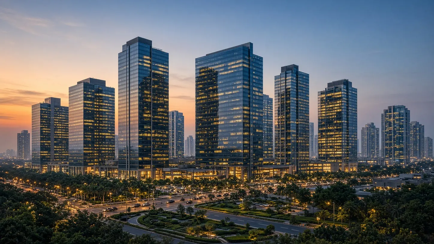 Glass office towers in Gurugram Cyber City at dusk, lights coming on across the skyline