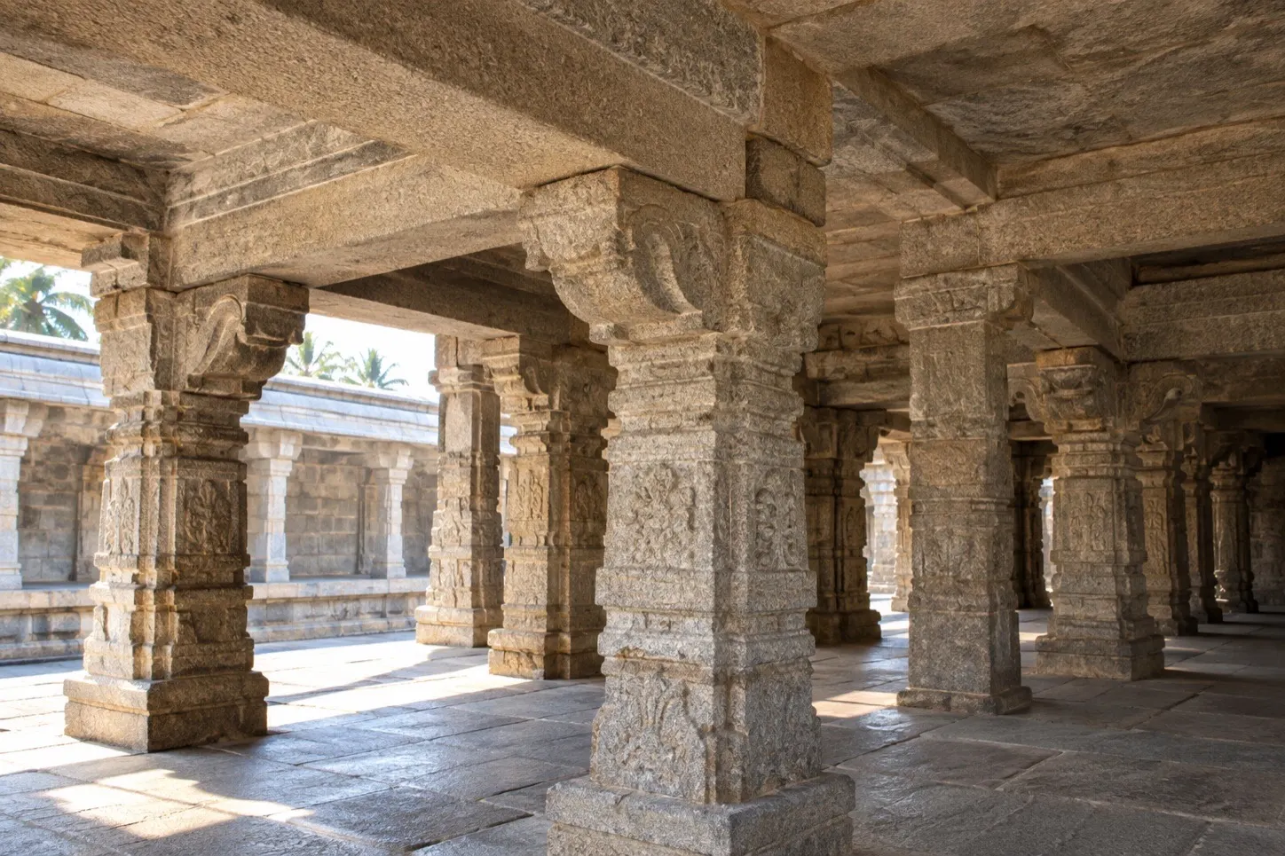 The interior of a stone temple mandapa, heavy beams carried on carved granite pillars with corbelled brackets spreading the load