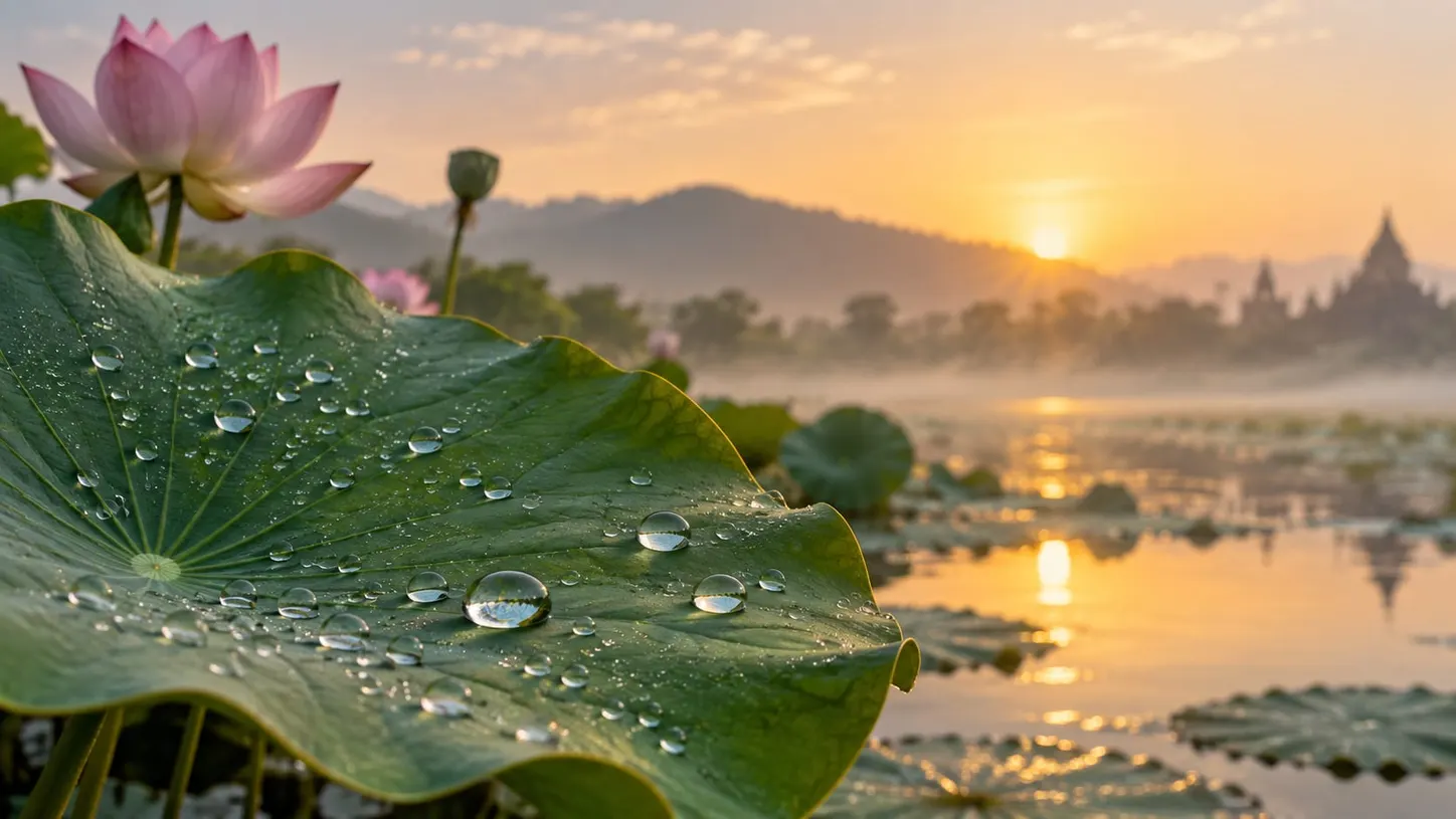 A lotus leaf at dawn with beads of water sitting on its surface as separate spheres, not soaking in