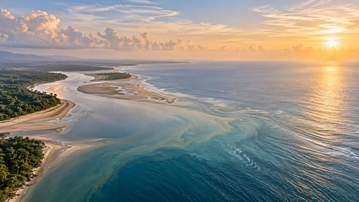 An aerial view of a brown river meeting an open sea, the boundary between the two waters dissolving