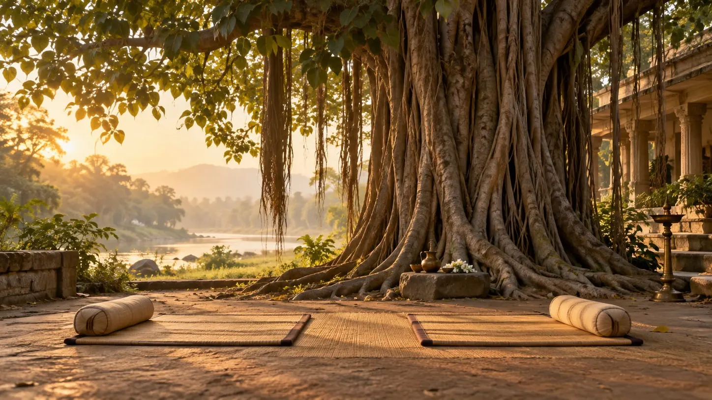 Two empty woven mats facing each other on swept earth beneath a banyan tree, a brass pot beside one
