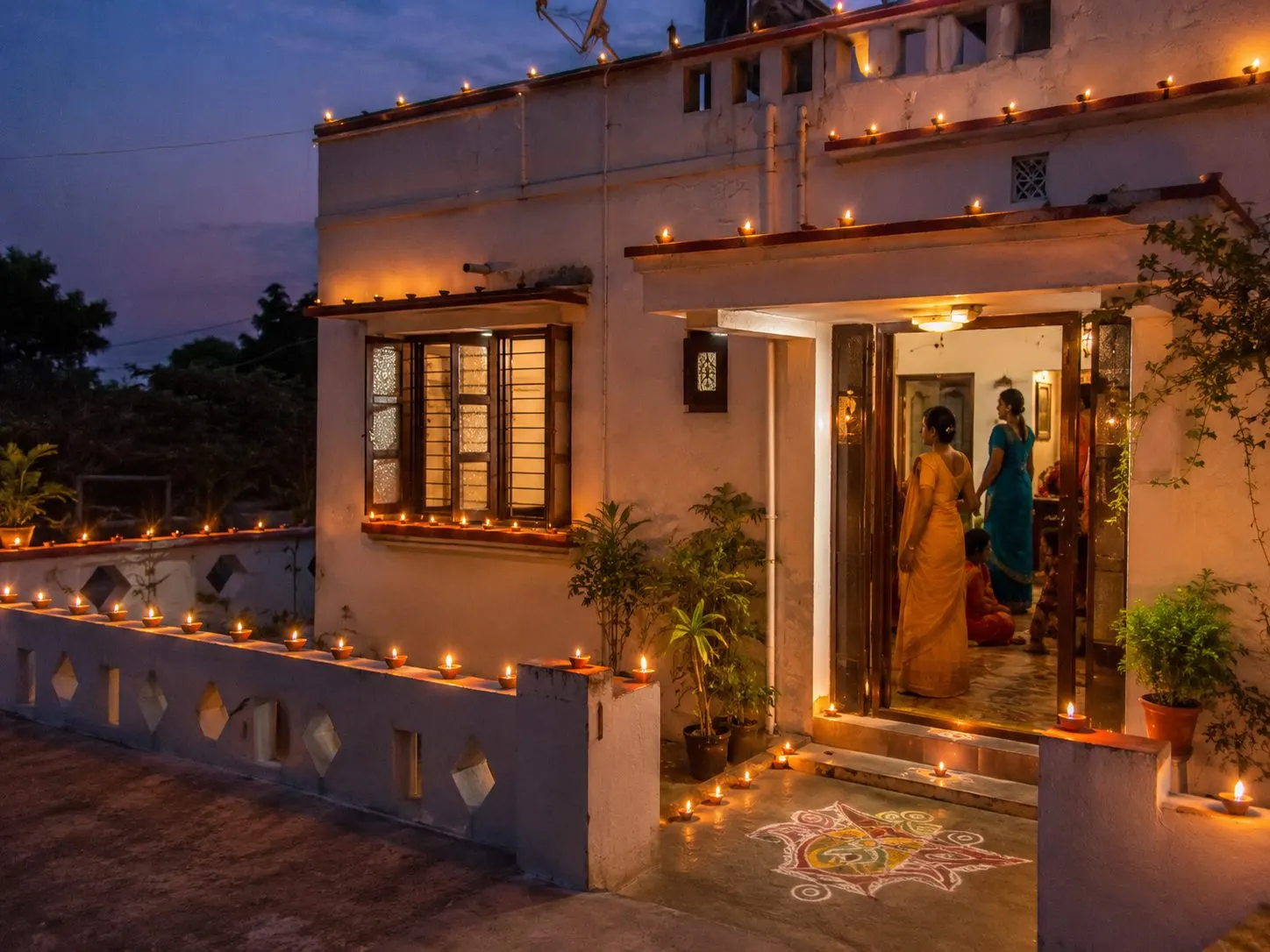 Rows of small oil lamps along a parapet at dusk