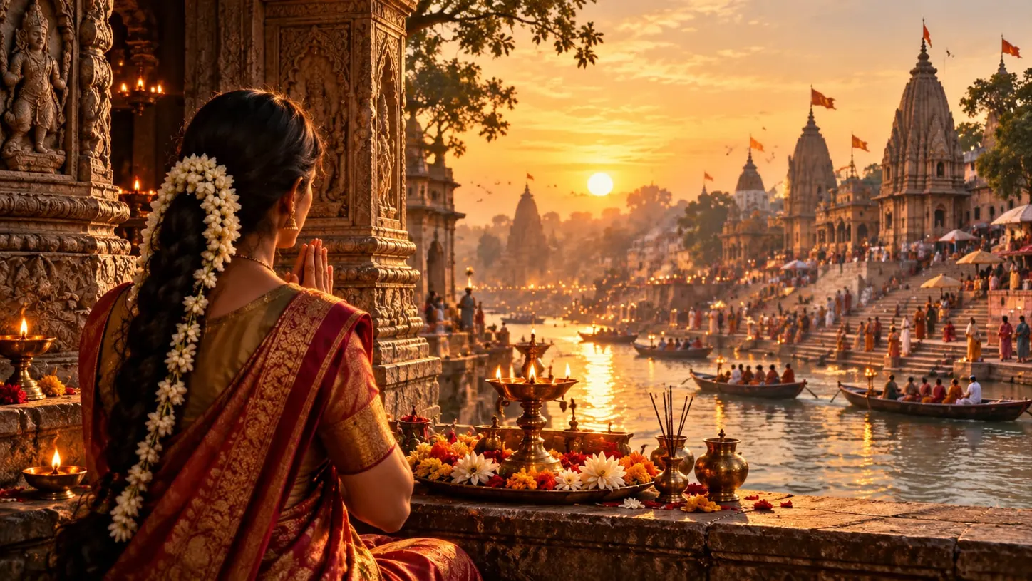 A woman at a riverside ghat at sunrise with her palms joined, oil lamps and flowers on the parapet, temple spires across the water