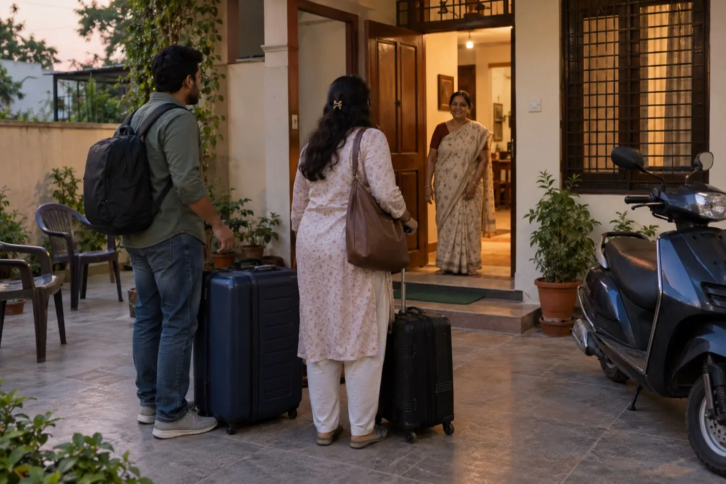 Suitcases set down in the courtyard of a family house in India at dusk, an older woman waiting in the lit doorway