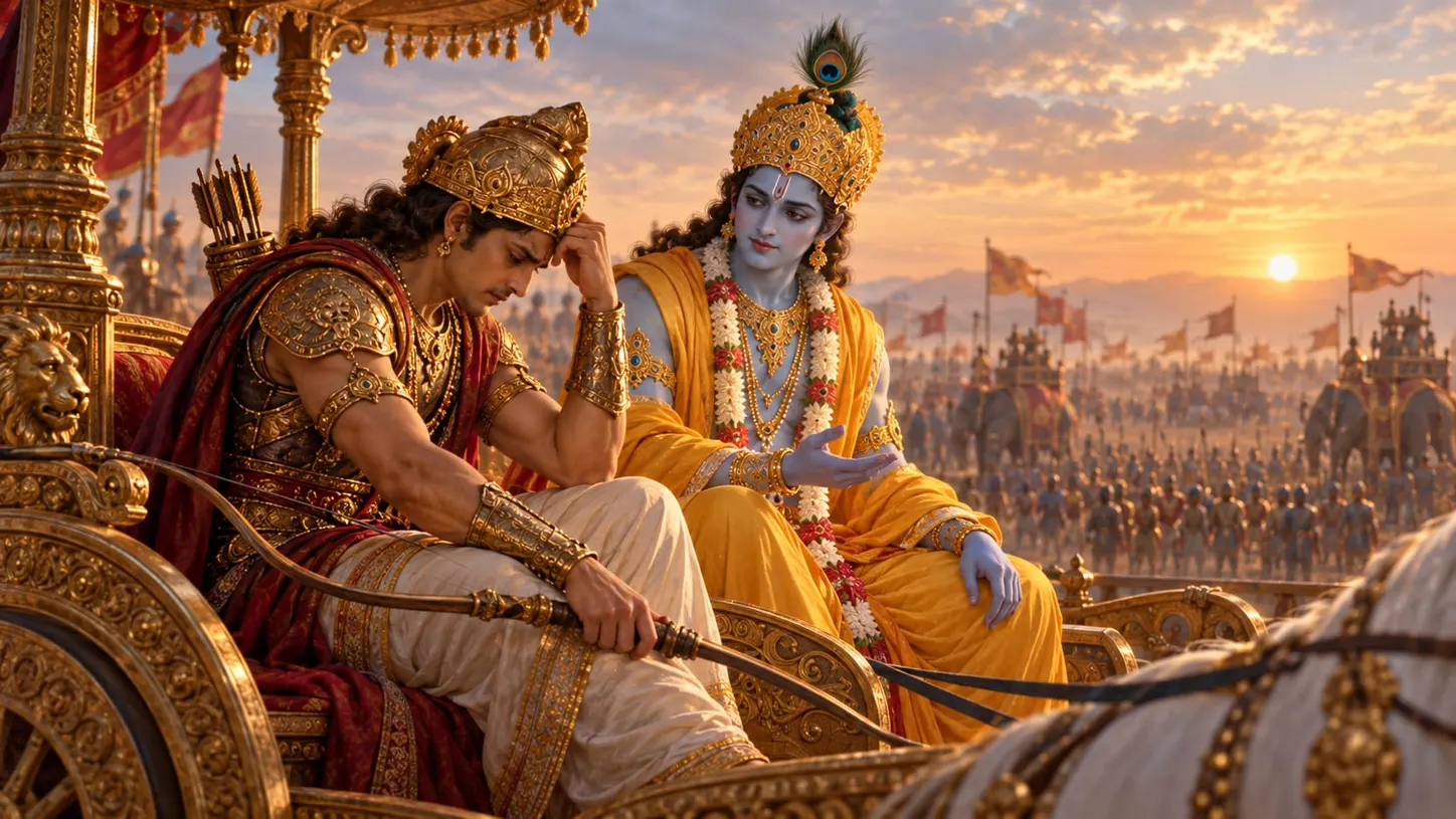 Arjuna slumped in his chariot holding his bow, Krishna seated beside him with one hand open in explanation, the two armies on the plain behind