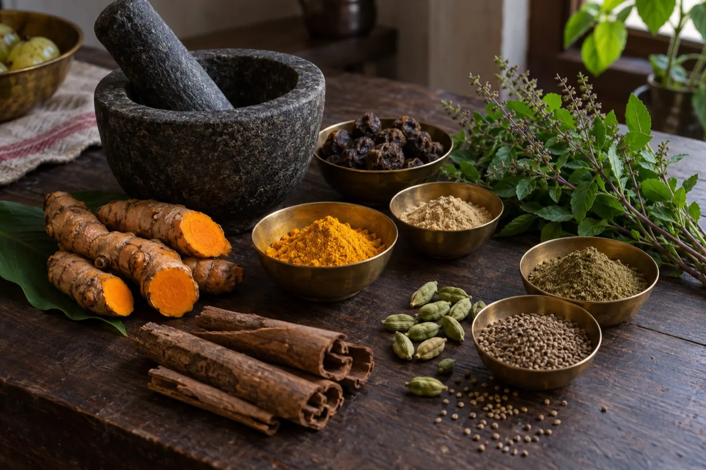 A stone mortar and pestle on a dark table with fresh turmeric cut open, amla, cinnamon bark, cardamom, tulsi and brass bowls of powders